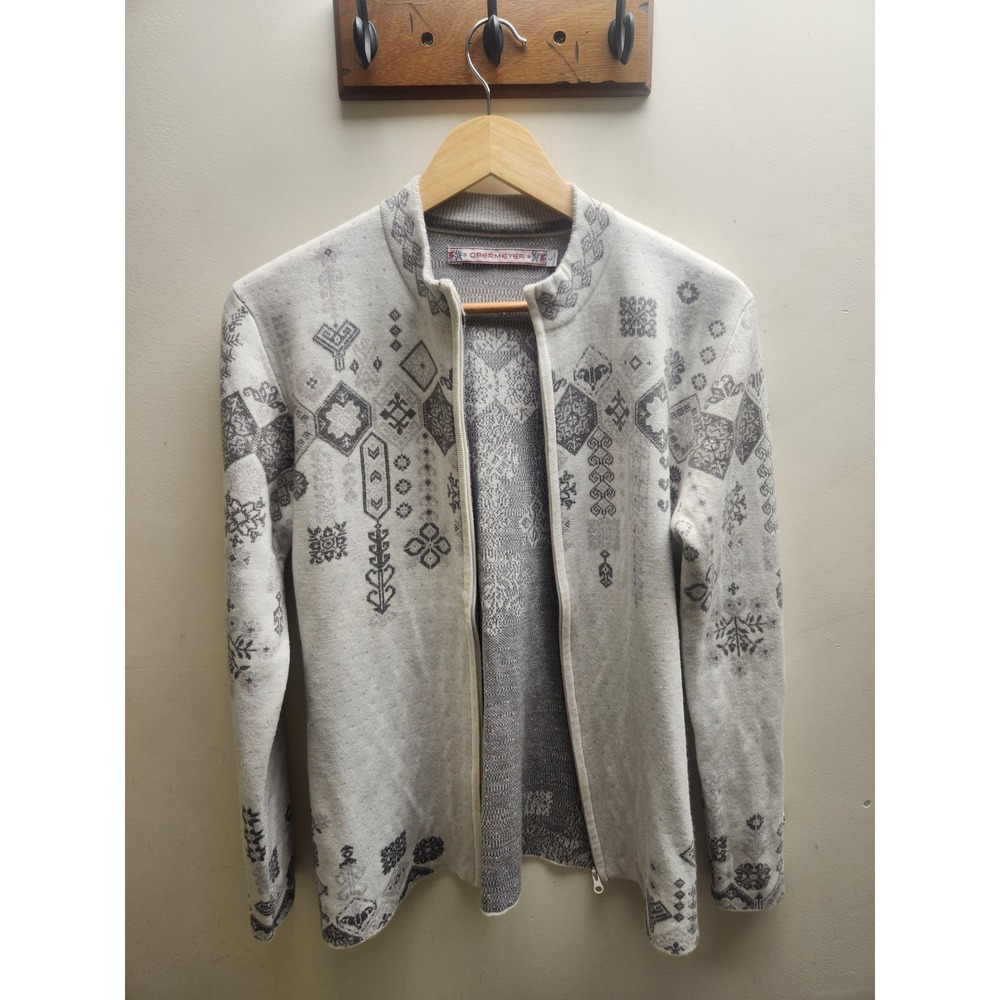 Obermeyer Womens Merino Wool Blend Full Zip Sweater Jacket Grey Fair Isle Large